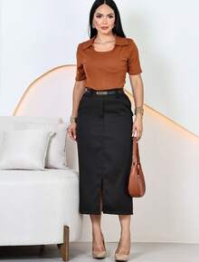 Women's Elegant Tailored Midi Skirt With Belt - màu đen - Xem 4