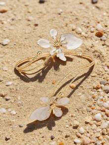 1 pieza Tobillera de mujer estilo bohemio europeo y americano con doble flor de concha blanca, tobillera de playa fresca para mujeres - Amarillo dorado + blanco - Ver 2