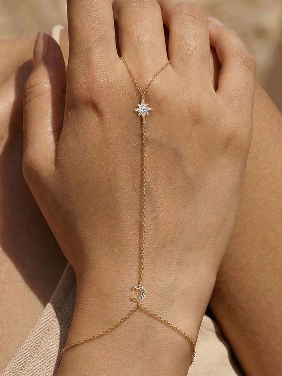 1件925纯银精致月亮星星戒指手链，女士精致立方氧化锆手链和戒指链，日常佩戴，婚礼派对订婚周年纪念情人节饰品 - 金色 - 查看 1