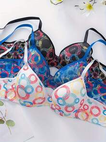 3pcs Women's Comfortable Printed Adjustable Strap Bras With Underwire - Multicolor - View 4