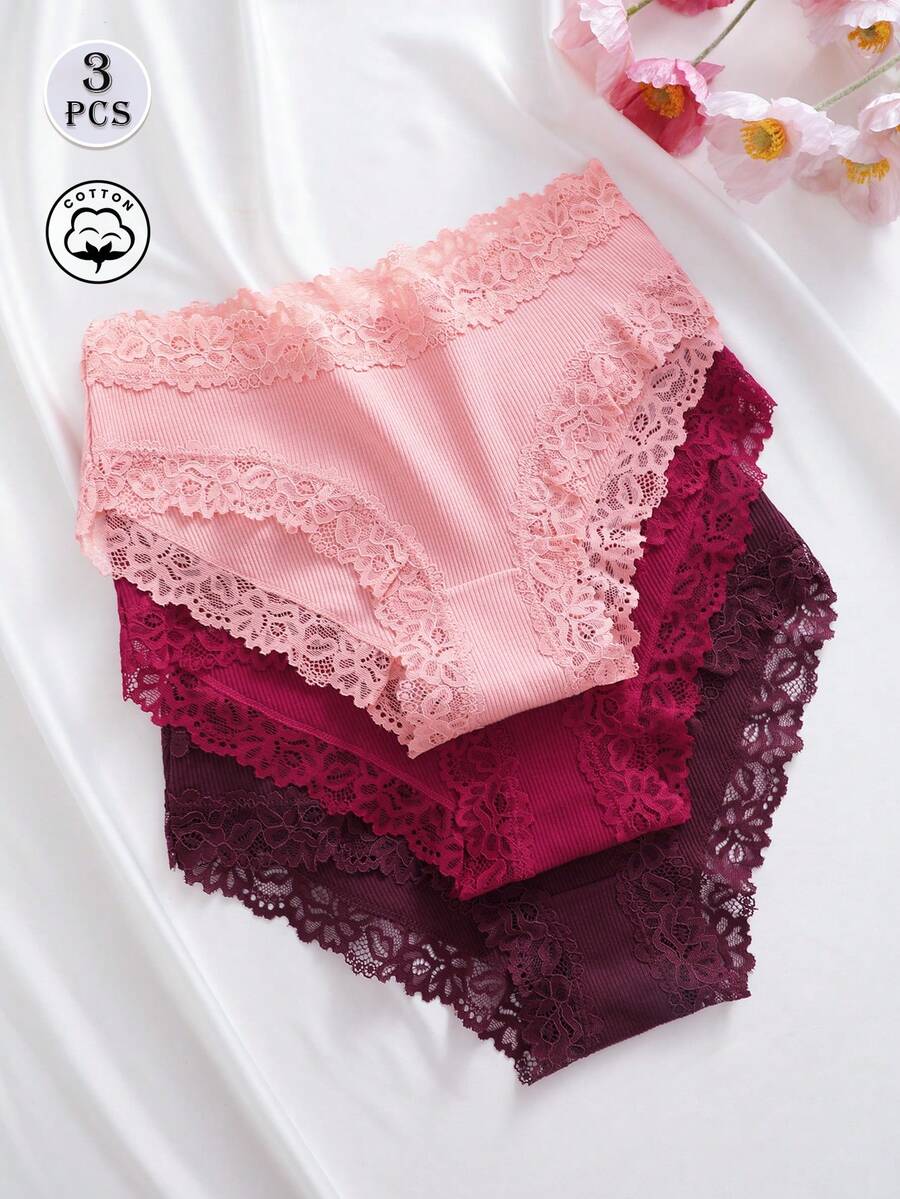 3pcs/Set Solid Color Cotton Ribbed Lace Patchwork Sexy & Comfortable Women's Panties, Suitable For Valentine's Day, Christmas, Autumn/Winter, Spring/Summer Daily Wear - Multicolor - View 1