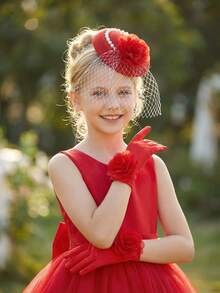 2pcs/Set Red Tulle Rhinestone Bow Fascinator Hat + Bow Gloves For Girls & Teens, Wedding Photography Props, Party Photobooth Accessories, Wedding Decor - Red - View 5