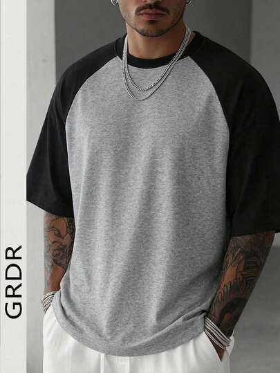 GRDR 1pc Men's Summer Raglan Colorblock Casual Retro American Style Round Neck Short Sleeve T-Shirt, Comfortable & Fashionable, Suitable For Indoor & Outdoor Wear
