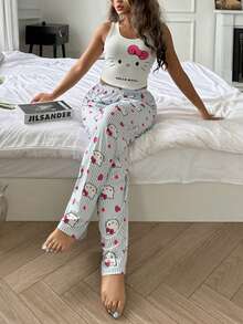 SANRIO [WONDER WORLD]2pcs Hello Kitty Women Graphic Crop Top + Elastic Waist Pants Cute Pajama Set - White - View 4