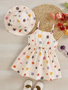 2pcs Baby Girl Summer Casual Floral Print Dress + Hat Set - Multicolor - View 2