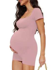 Buttery Soft Maternity Bodysuit – Short Sleeve Romper, Square Neck, Photoshoot Casual Workout Maternity-Clothes - 粉色 - 查看 6
