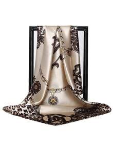 1pc Women's Fashion 90cm Square Scarf, Printed Bandana, Satin Leopard Print Headscarf, Suitable For Daily Wear, Beach Vacation, Party & Festival,Holiday - Brown - View 4