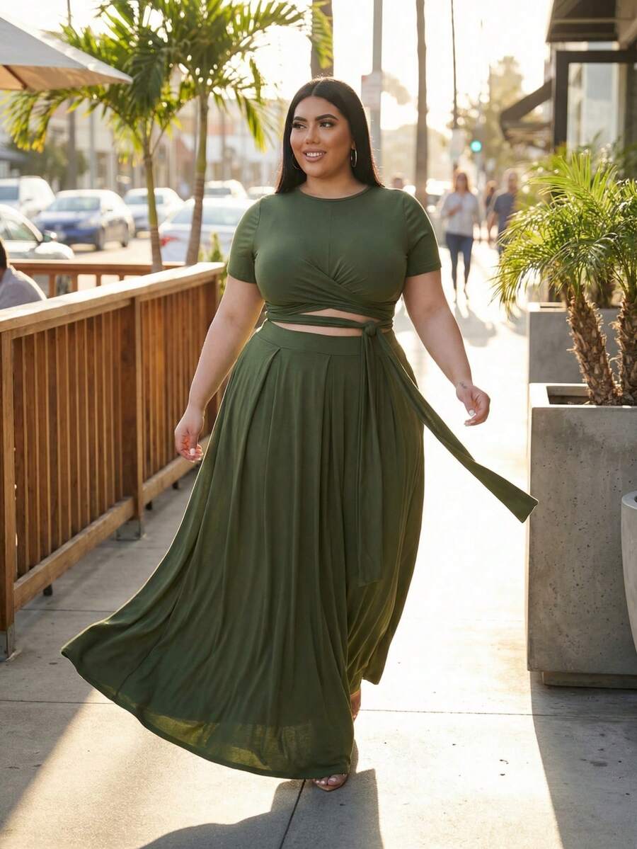 Women's Plus Size 2 Piece Dress Set Short Sleeve Bandage Wrap Crop Top & High Waist Skirt Outfit XL-5XL Bodycon Party Clubwear - 綠色 - 查看 1