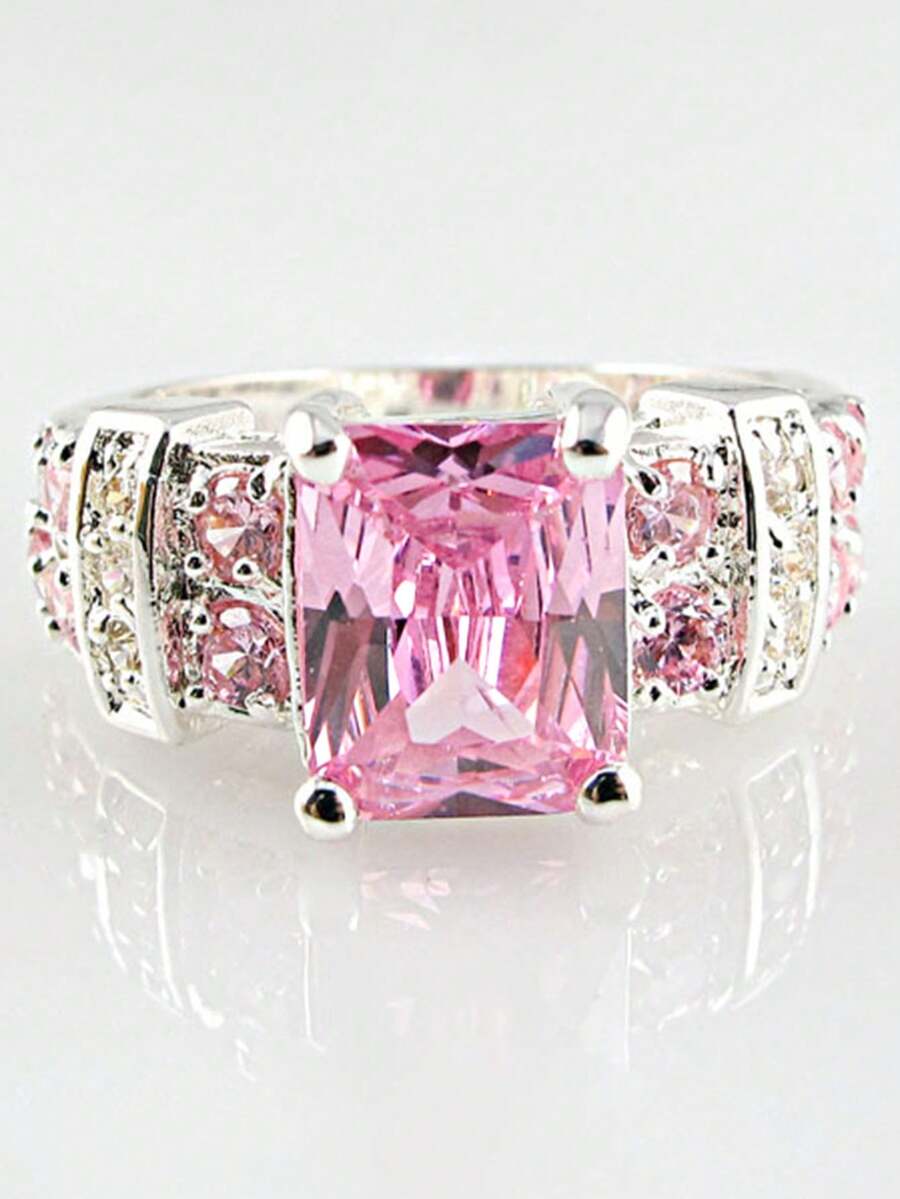 1枚女士立方氧化锆戒指，适合婚礼、订婚、派对佩戴、情人节礼物 - 粉色 - 查看 1