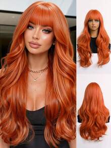 24英寸亮橙色长款波浪卷假发，带刘海 | Y2K多巴胺风格女士合成假发 - 橘色 - 查看 12