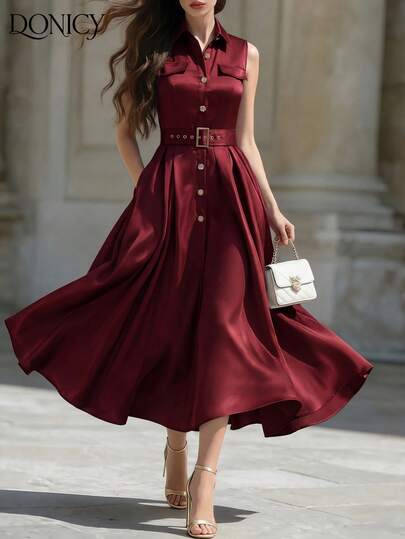 DONICY Vestido camisa burdeos vintage, vestido midi elegante de mujer con cuello, cinturón y botones dorados, vestido de trabajo sin mangas elegante