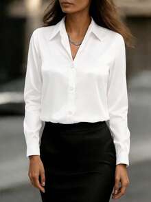 Camisa casual de satén para mujer de talla grande, de alta calidad, adecuada para todas las estaciones en color blanco - Blanco - Ver 1