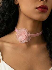 1 pièce Collier ras-du-cou style Lolita avec fleur de Camélia, collier style gothique sombre pour femmes, été, bijoux - Rose bonbon - Voir 7