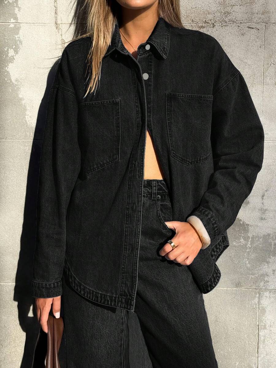 2026 Women Denim Shirts Oversized Long Sleeve Button Down Blouse Distresse Jean Jacket Spring Outfits - Đen đậm - Xem 1