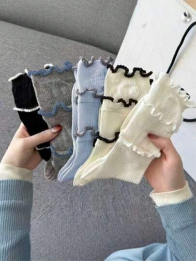 5 đôi tất Lolita viền ren, tất cao đến đầu gối thoáng khí, dễ thương, tươi mát cho mùa xuân/hè, giao hàng ngẫu nhiên.