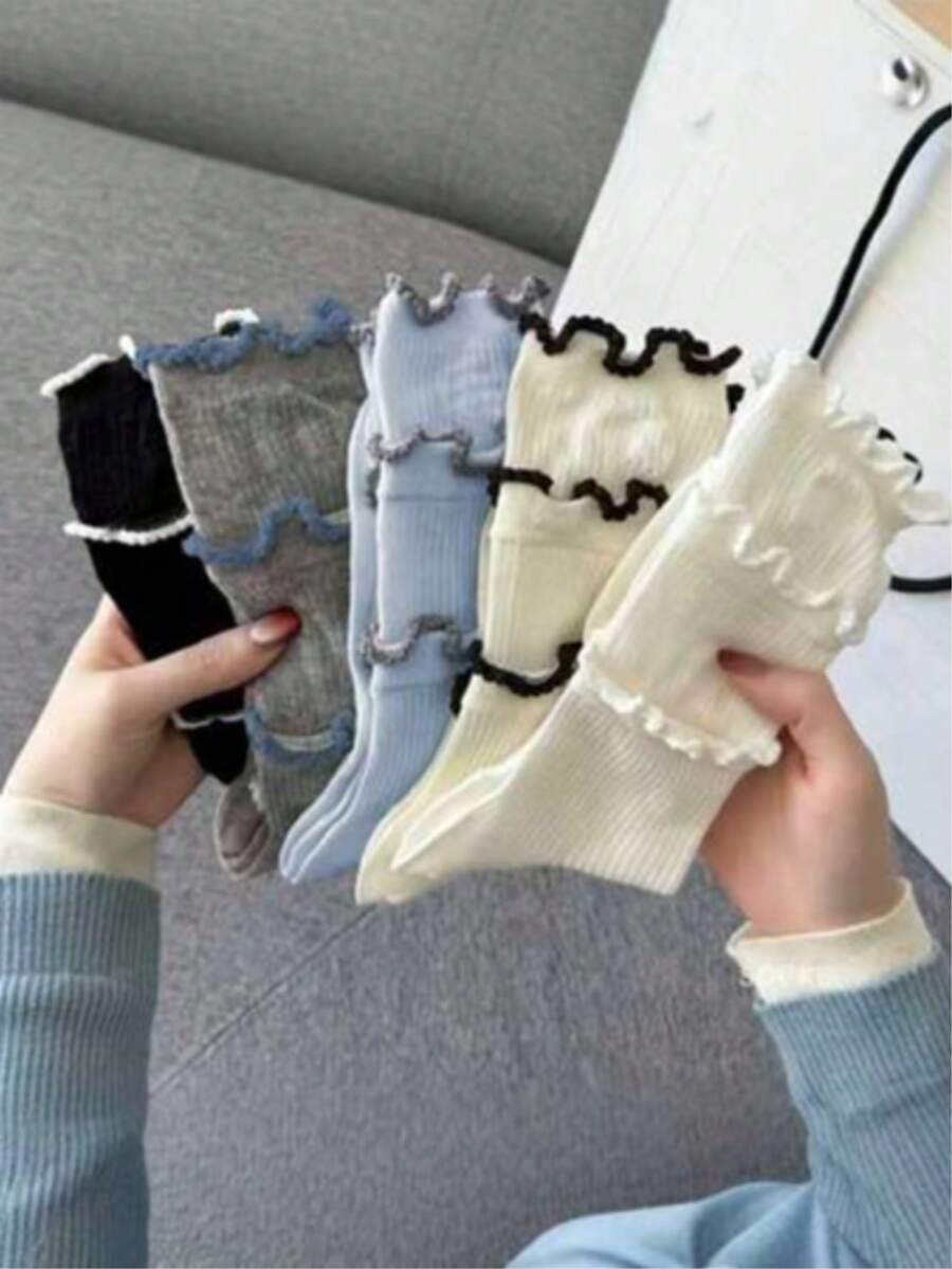 5双蕾丝边洛丽塔袜，透气可爱清新风过膝袜，适合春夏穿着，随机发货 - 彩色 - 查看 1