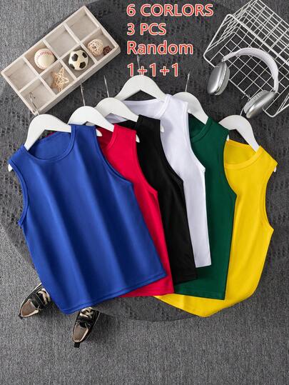 6pcs/Set Tween Boy's Casual Comfortable Tank Tops, Random 3 Colors, Suitable For Spring/Summer, Layering, Sports, Vacation, Home Wear