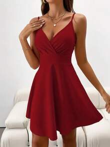 Woman Wrap Mini Dress – Spaghetti Strap V Neck Flare Party Style - Red - View 1