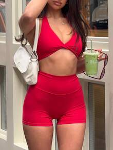女士性感红色吊带露背两件套，含高腰短裤，中等弹力面料 - 紅色 - 查看 10