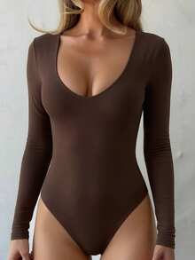 Áo liền thân tay dài ôm sát, cổ khoét sâu, kiểu dáng cơ bản dành cho nữ, thích hợp cho mùa xuân. - màu nâu - Xem 1