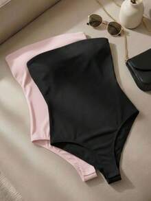 Set Of 2 Strapless Sleeveless Basic Casual Versatile Bodysuits In Spandex Fabric With Padded Cups For Everyday Use - Black and Pink - View 1