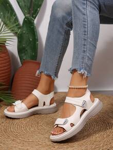 1 Pair Summer New Buckle Sandals, Sporty Style Wedge Heel, Lightweight Hook & Loop, Thick Sole Anti-Slip, Casual Versatile Beach Shoes - White - View 4