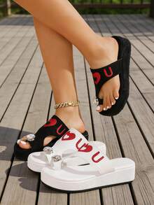 Sandal đế xuồng dày dặn thời trang mùa hè dành cho nữ, thêu hình trái tim đính đá, thích hợp cho kỳ nghỉ, du lịch, đi biển. - trắng - Xem 6