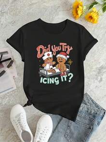 Women's Casual Short Sleeve T-Shirt - Festive Christmas Graphic Print With Gingerbread & "Did You Try Icing It?"Slogan, Soft Stretch Round Neck Top For Holiday Parties & Summer Wear, Machine Washable, Summer Clothing, Playful Design, Comfortable Fit - màu đen - Xem 3