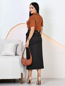 Women's Elegant Tailored Midi Skirt With Belt - màu đen - Xem 5