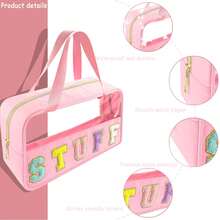 雪尼尔字母透明化妆包收纳贴片，旅行洗漱化妆包带手柄，尼龙防水透明化妆包，学院风贴片女士化妆包 - 彩色 - 查看 4