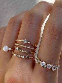 6/23pcs Diamond Encrusted Pearl Twisted Design Ring, Everyday Wear For Women - Yellow Gold - View 1