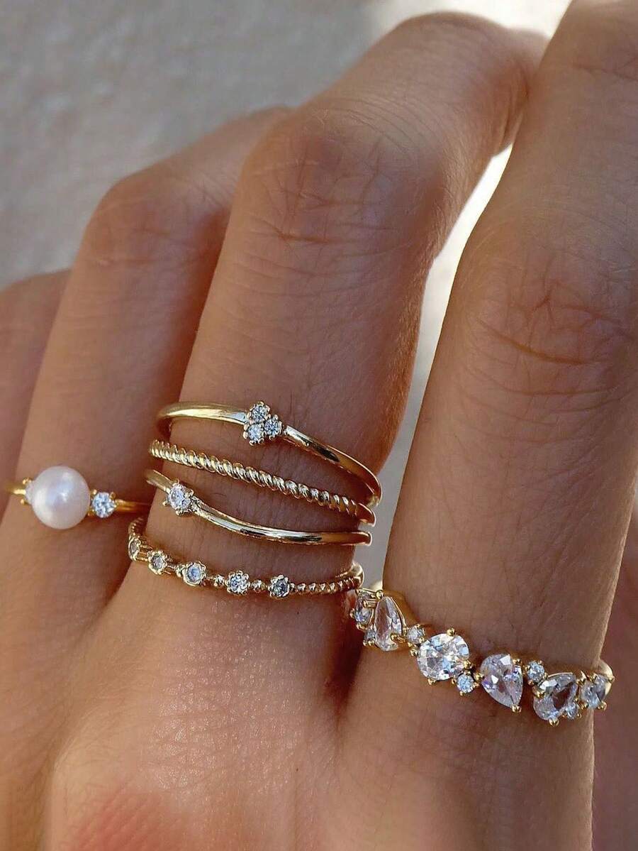 6/23pcs Diamond Encrusted Pearl Twisted Design Ring, Everyday Wear For Women - Yellow Gold - View 1