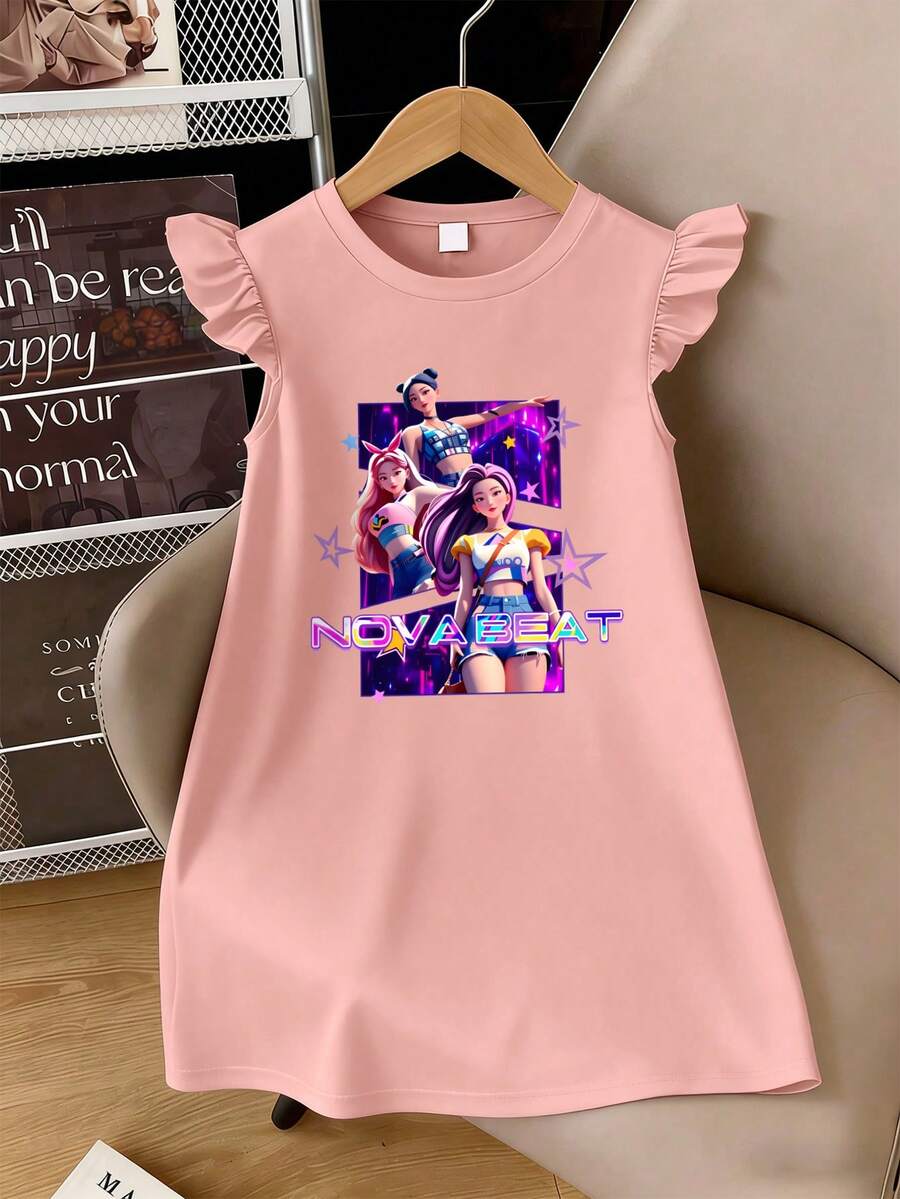 1pc Girls' Ruffle Sleeve Dress, Featuring "NOVA BEAT" Korean Style Graphic Print, Soft & Comfortable Fabric, Suitable For Daily Wear, Casual Outings, And Spring/Summer Gatherings - Pink - View 1
