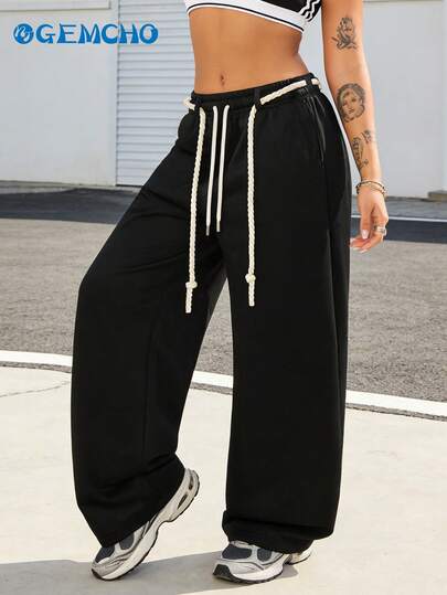 GEMCHO Quần thể thao nữ màu trơn, ống rộng, dáng suông, có dây rút, rất thời trang cho dạo phố, trường học và lễ hội Halloween, màu đen kiểu Nhật Bản.