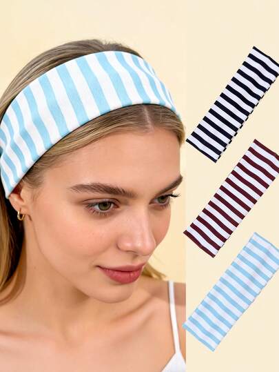 3 chiếc băng đô co giãn dệt kim kẻ sọc, thích hợp sử dụng hàng ngày và khi chơi thể thao.