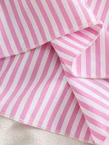 New Girls' Pink And White Striped Peter Pan Collar Puff Sleeve Shirt Dress With Bow Details, Summer Casual Dress - Baby Pink - View 10