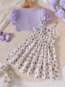 女童甜美碎花吊带连衣裙套装，紫色镂空开衫，儿童度假风连衣裙 - 紫色 - 查看 2