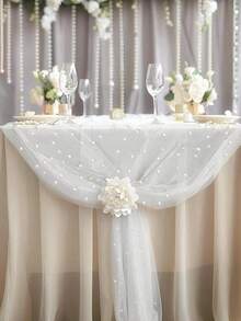 1pc Faux Pearl Decorated Sheer Fabric, Photography Backdrop, Can Be Used As Table Runner, Pearl Background Tablecloth, Wedding White Pearl Sheer Tablecloth, Wedding Arch Decor, Wedding Reception, Bridal Shower, Party Decoration,Bridal Veil - 白色 - 查看 3