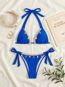 2pcs Women's Ocean Themed Decorative Sexy Casual Bikini Set, Spaghetti Strap Solid Color Swimwear Suitable For Beach And Swimming Pool Vacation Summer - Blue - View 4