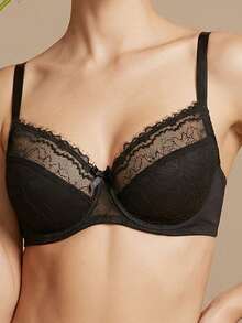 Women's Black Lace Trim Underwire Bra, Floral Lace Half Cup V-Neck Lingerie, Side Support Shaping Comfortable Everyday Bra - Black - View 3