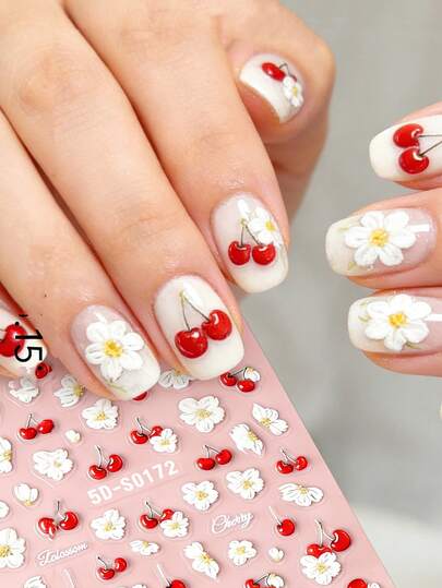 1 pieza Pegatina de flor de cerezo 3D/5D para arte de uñas 5D con diseño de letra floral blanca en relieve Pegatinas de flores de cerezo para decoración de uñas primaverales Suministros de manicura DIY para mujeres y niñas