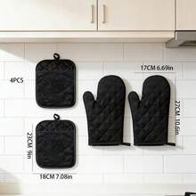 Bộ 4 găng tay và miếng lót nồi chịu nhiệt dùng trong nhà bếp, thiết kế chần bông hai mặt, thích hợp cho việc nướng bánh, nấu nướng, nướng thịt, bộ dụng cụ làm bánh nhà bếp màu đen - Xem 6