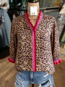 Brown Leopard-Print Shirt With Ruffled Trim: Casual Long-Sleeve V-Neck Top-Lightweight, Breathable, And Versatile Women's Shirt - 豹紋 - 查看 3