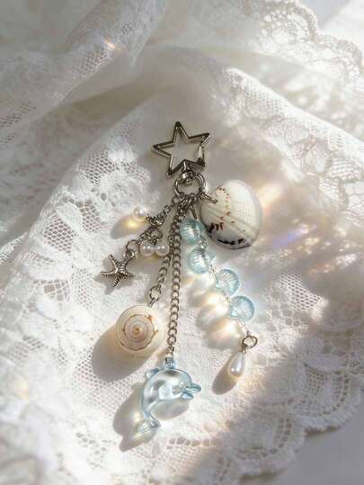 Blue Seashell Beaded Pendant, Fashionable Beach Style Dolphin, Seashell, Conch Key Chain Decor Bag Charm Accessoires Charms For Bag Teacher Gifts