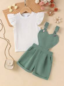 2pcs Toddler Girls Casual Outdoor Ribbed Flutter Sleeve Top & Corduroy Overalls Set, Mid-Weight, Spring/Summer - Green - View 2