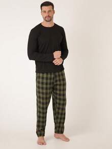 Men's Long Plaid Pajamas Cold Winter Flannel - 綠色 - 查看 6