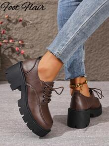 Foot Flair 女士棕色系带牛津鞋，复古英伦风高跟鞋，圆头厚底乐福鞋，学院风时尚百搭玛丽珍鞋（尺码偏小） - 棕色 - 查看 6