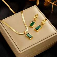 Bộ 3 món dây chuyền và bông tai bằng thép không gỉ hình vuông đính pha lê xanh và đá Cubic Zirconia, trang sức thời trang mới, không phai màu, phù hợp cho nam, nữ và bé gái đeo hàng ngày. - Vàng - Xem 6