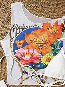 女士泳衣套装，全身花卉几何印花，波西米亚风打结沙滩度假装，夏季 - 彩色 - 查看 4