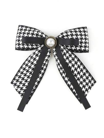 1pc Women's Black Houndstooth Faux Pearl & Rhinestone Bowknot Collar, Suitable For Daily Outings, Dates, Parties